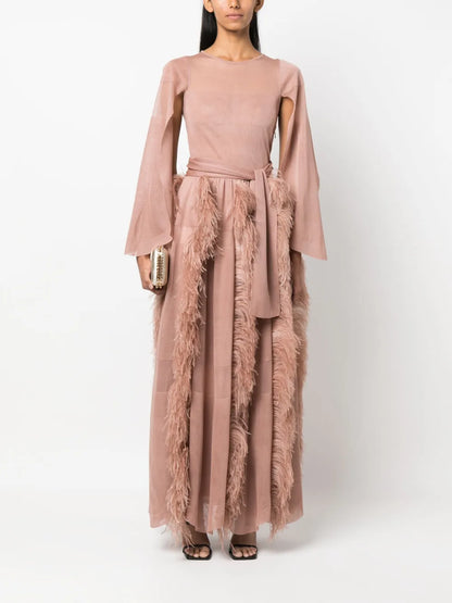 Feather-Detail Silk Maxi Dress