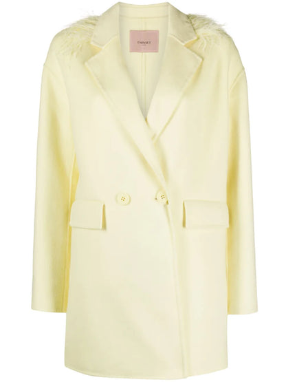 Feather-Trim Wool-Blend Double-Breasted Coat