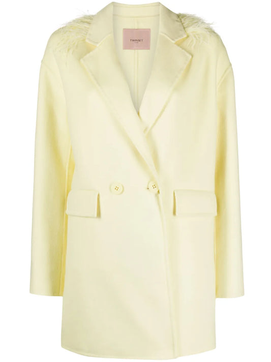 Feather-Trim Wool-Blend Double-Breasted Coat