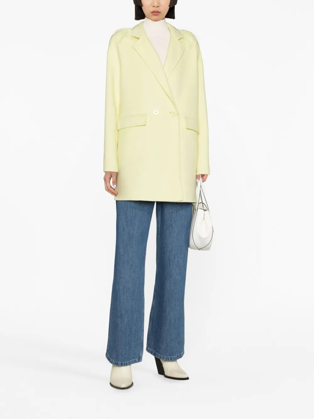 Feather-Trim Wool-Blend Double-Breasted Coat