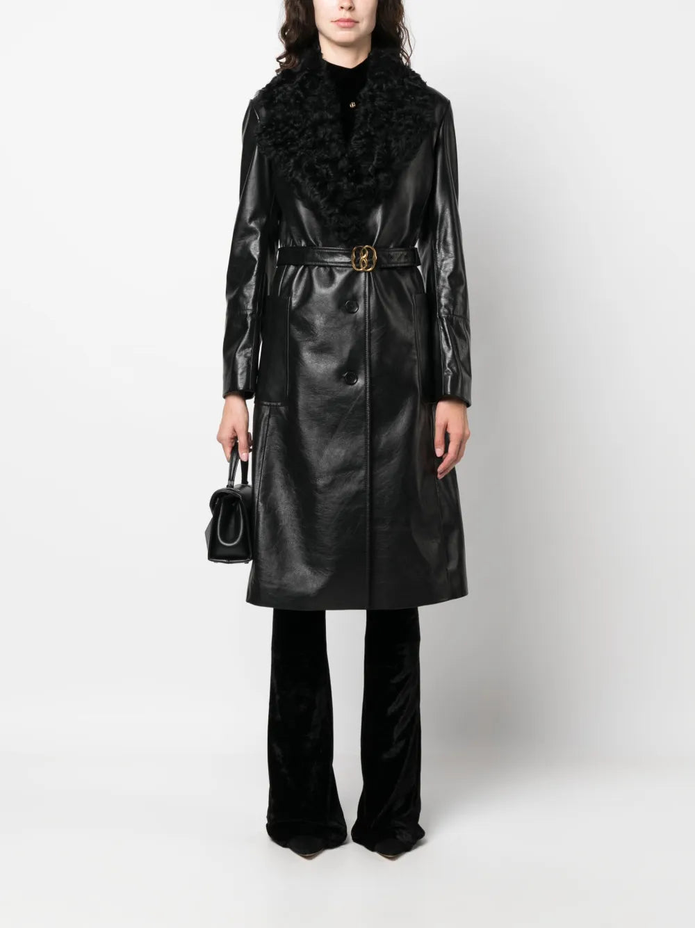 Shearling-Collar Leather Trench-Coat