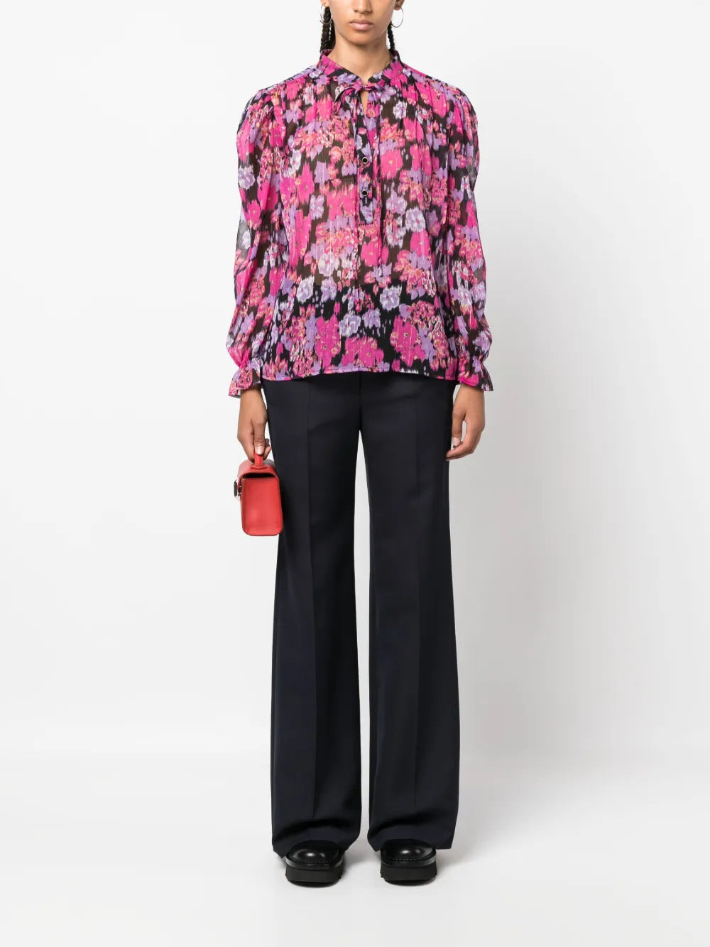 Floral-Print Tie-Neck Blouse