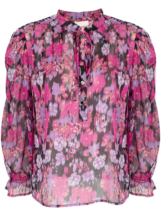 Floral-Print Tie-Neck Blouse