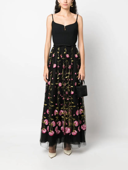 Floral-Embroidered Tulle Maxi Skirt