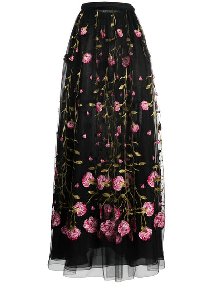 Floral-Embroidered Tulle Maxi Skirt
