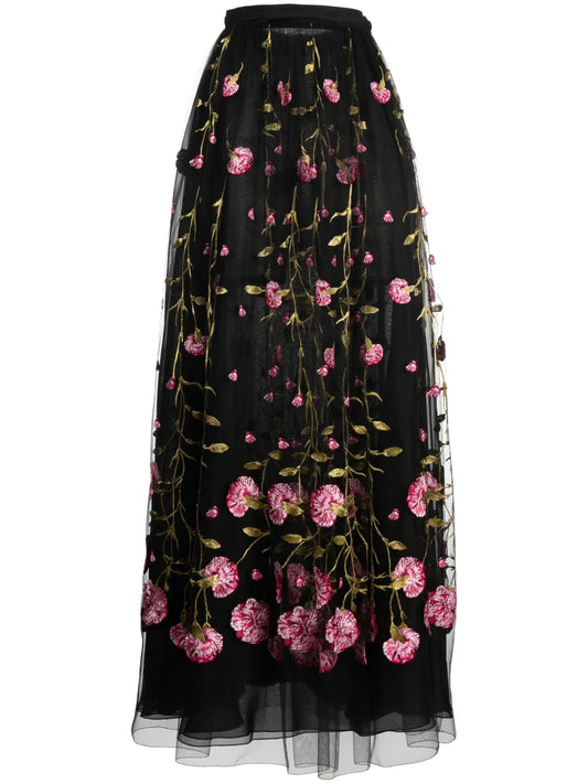 Floral-Embroidered Tulle Maxi Skirt