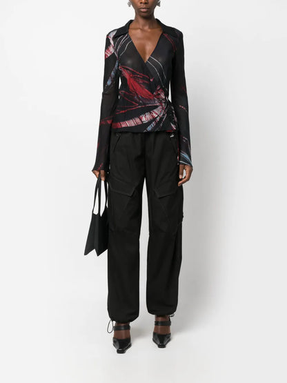 Abstract-Pattern Stretch-Silk Wrap Blouse