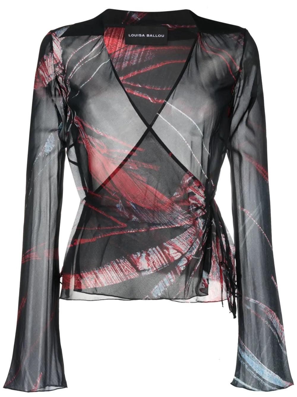 Abstract-Pattern Stretch-Silk Wrap Blouse