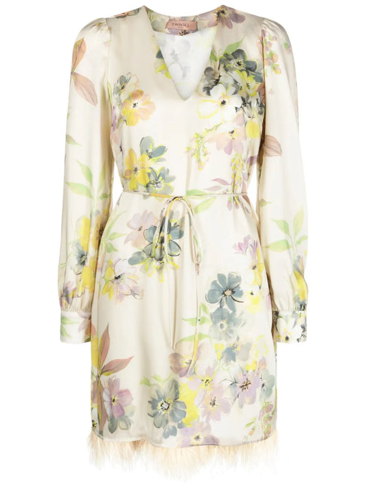 Floral-Print Feather-Trim Minidress