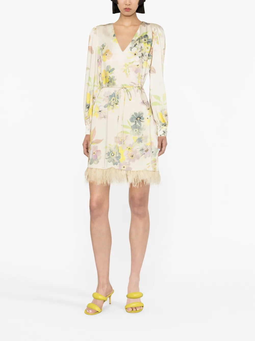 Floral-Print Feather-Trim Minidress