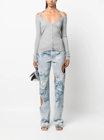 Halterneck Ribbed-Knit Cardigan