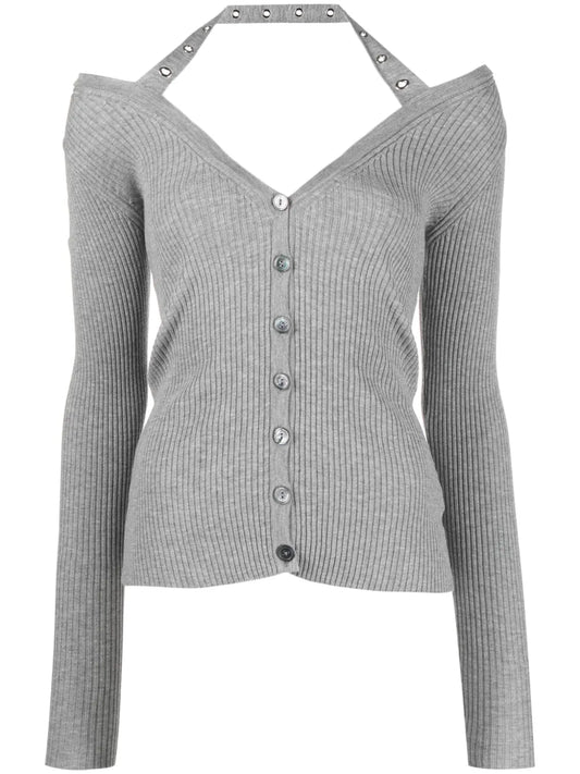 Halterneck Ribbed-Knit Cardigan