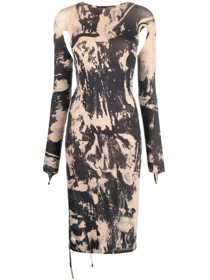 Painterly-Print Cut-Out Midi Dress