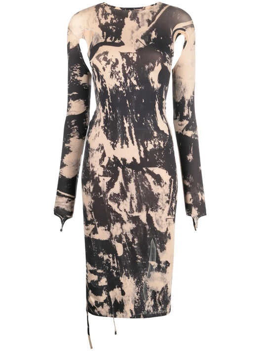 Painterly-Print Cut-Out Midi Dress