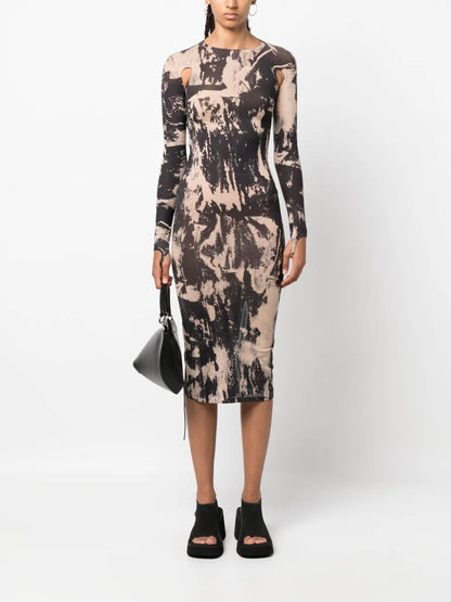 Painterly-Print Cut-Out Midi Dress