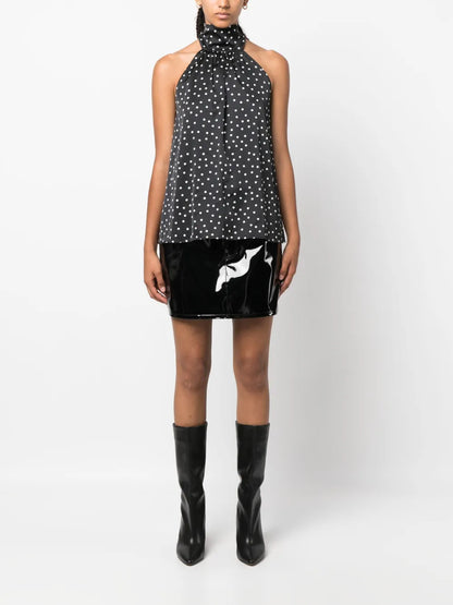 Polka-Dot Print Pleated Halterneck Top