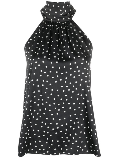 Polka-Dot Print Pleated Halterneck Top