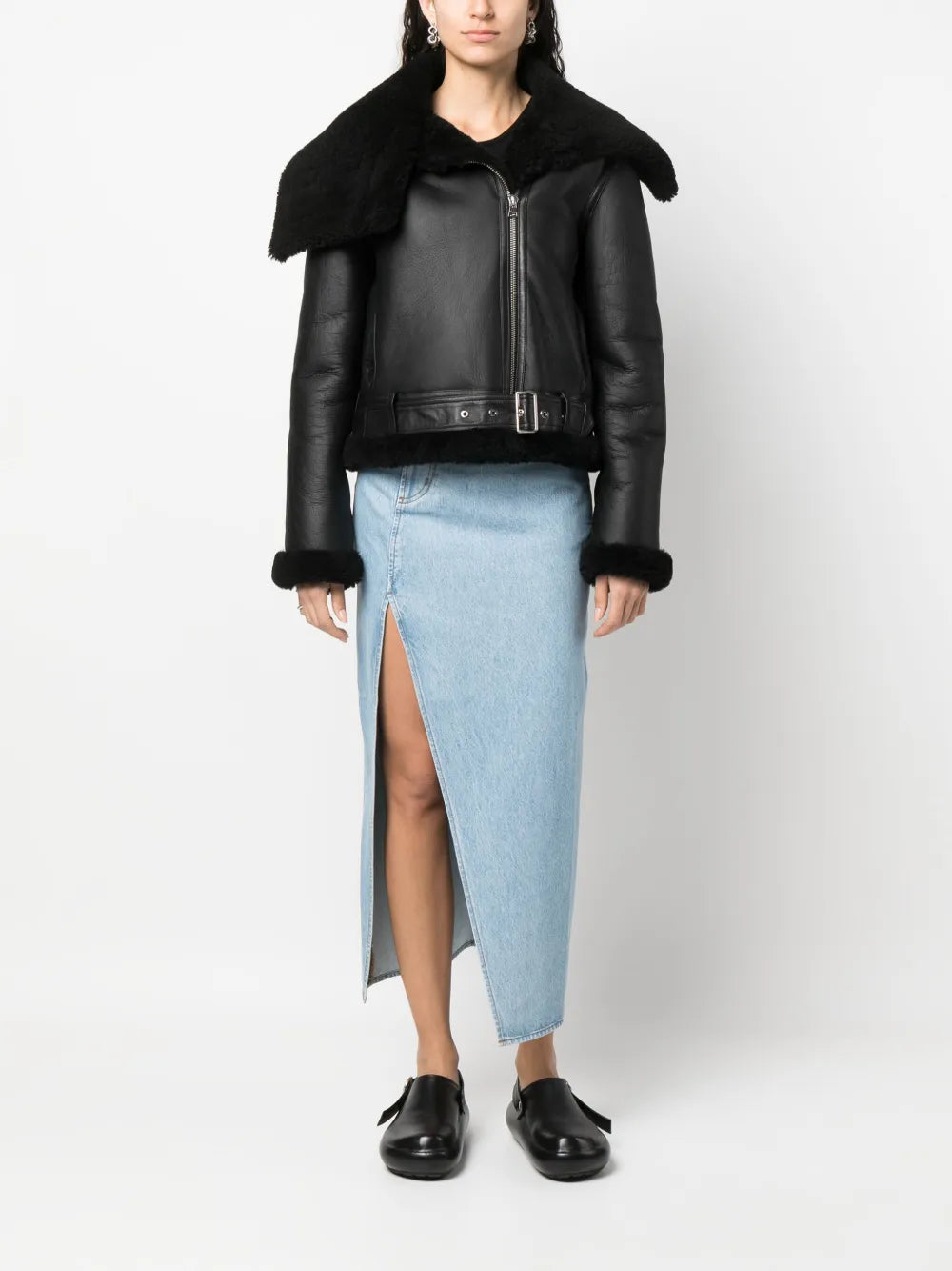 Shearling-Trim Leather Biker Jacket