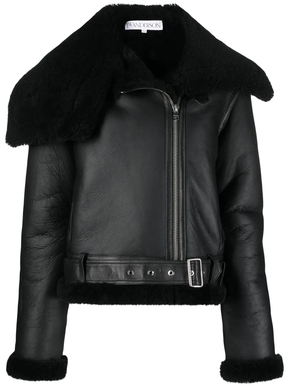 Shearling-Trim Leather Biker Jacket