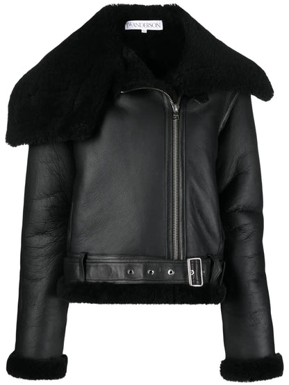 Shearling-Trim Leather Biker Jacket