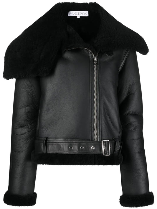 Shearling-Trim Leather Biker Jacket
