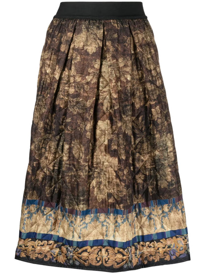 Mix-Print Pleated Midi Skirt