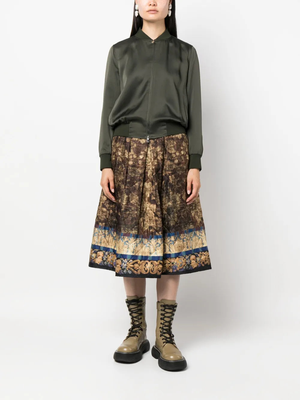 Mix-Print Pleated Midi Skirt