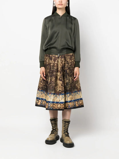Mix-Print Pleated Midi Skirt