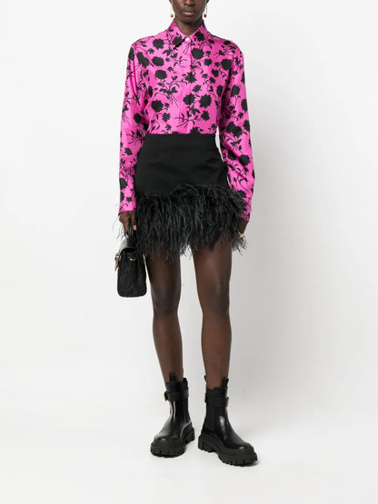 Floral Silhouette-Print Silk Shirt