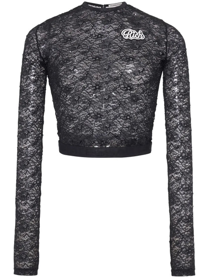 Logo-Appliqué Lace Crop Top