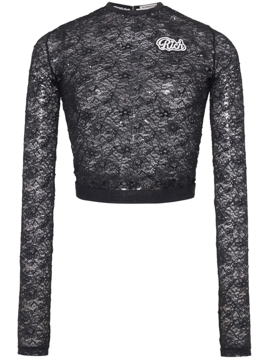 Logo-Appliqué Lace Crop Top