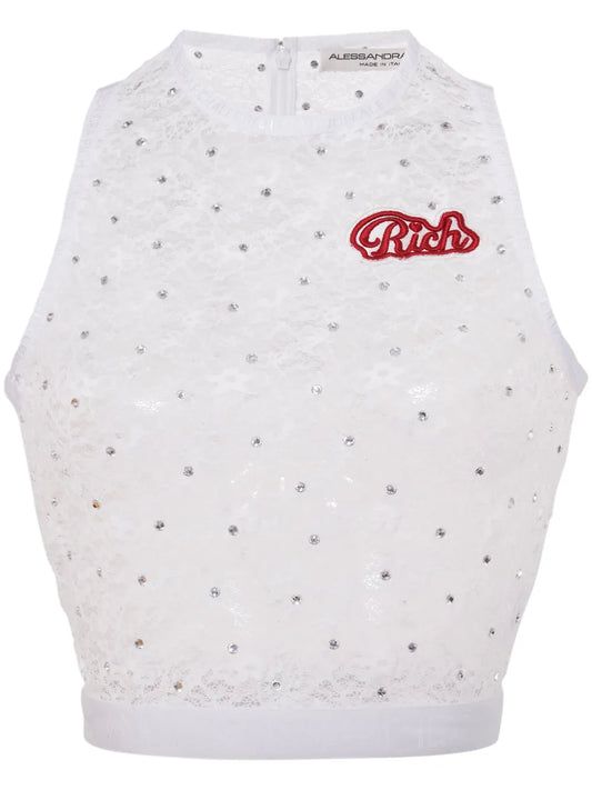Logo-Appliqué Lace Crop Top