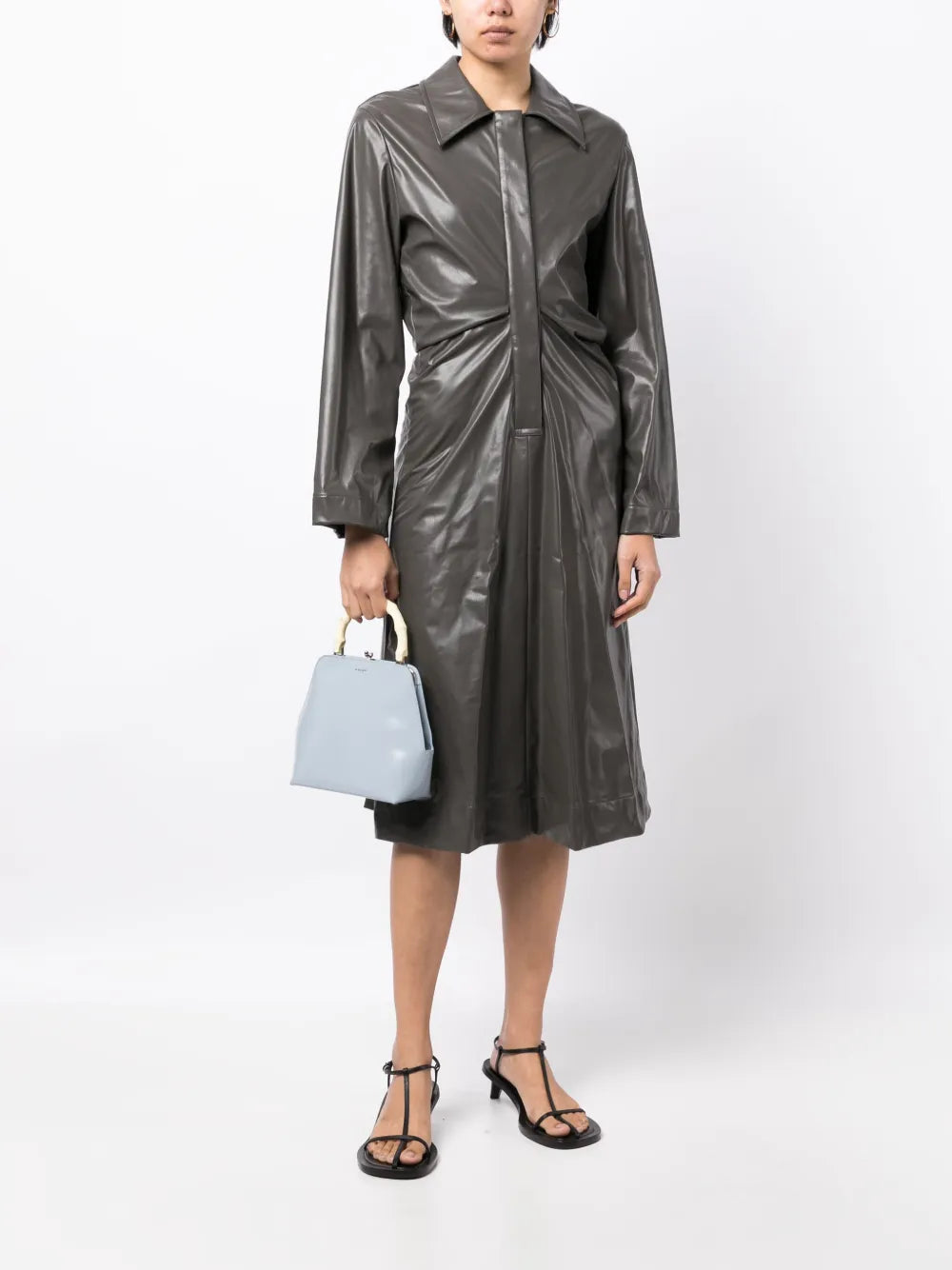 Ruched Faux-Leather Shirt Dress