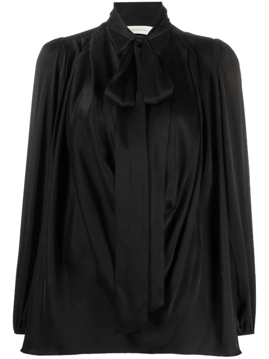 Pussy Bow Long-Sleeve Silk Blouse