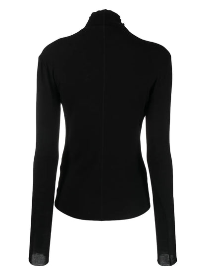Frilled High-Neck Ribbed-Knit Jumper