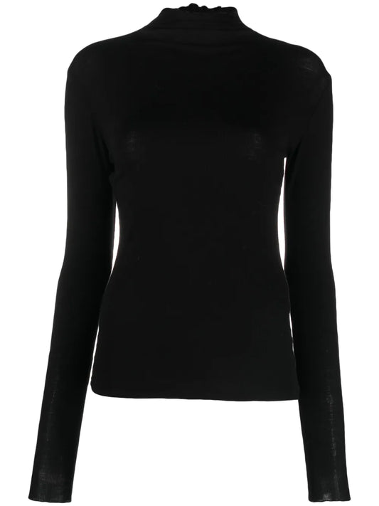 Frilled High-Neck Ribbed-Knit Jumper