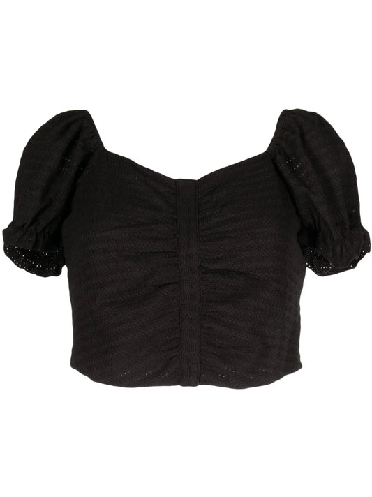 Embroidered Ruched Cropped Blouse