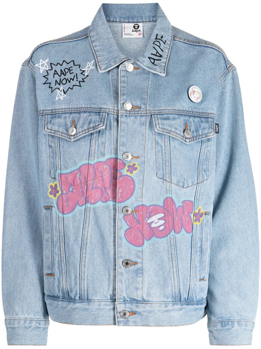 Graffiti-Print Buttoned Denim Jacket