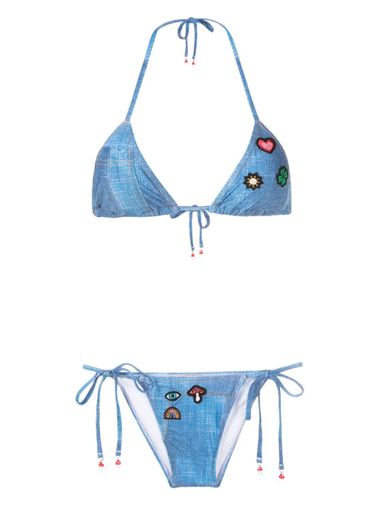 Embroidered-Patch Bikini Set