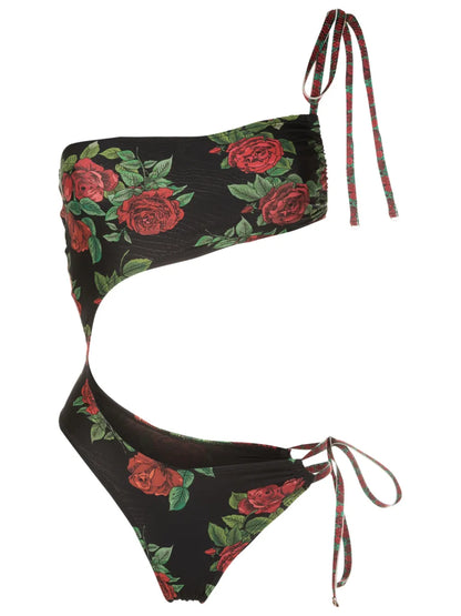 Rose-Pattern Cut-Out Swimsuit