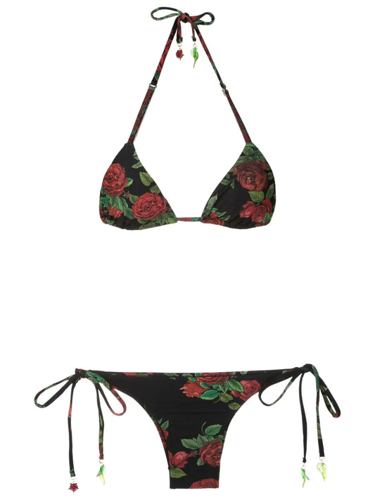 Rose-Print Triangle Bikini