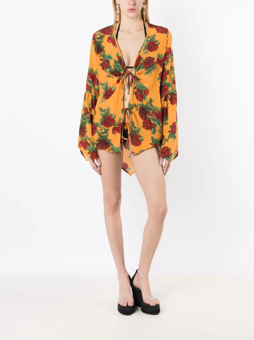 Rose-Pattern Tie-Fastening Blouse