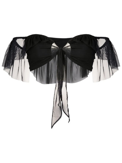 Tie-Fastening Sheer Crop Top