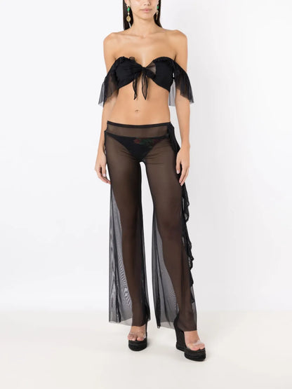 Tie-Fastening Sheer Crop Top