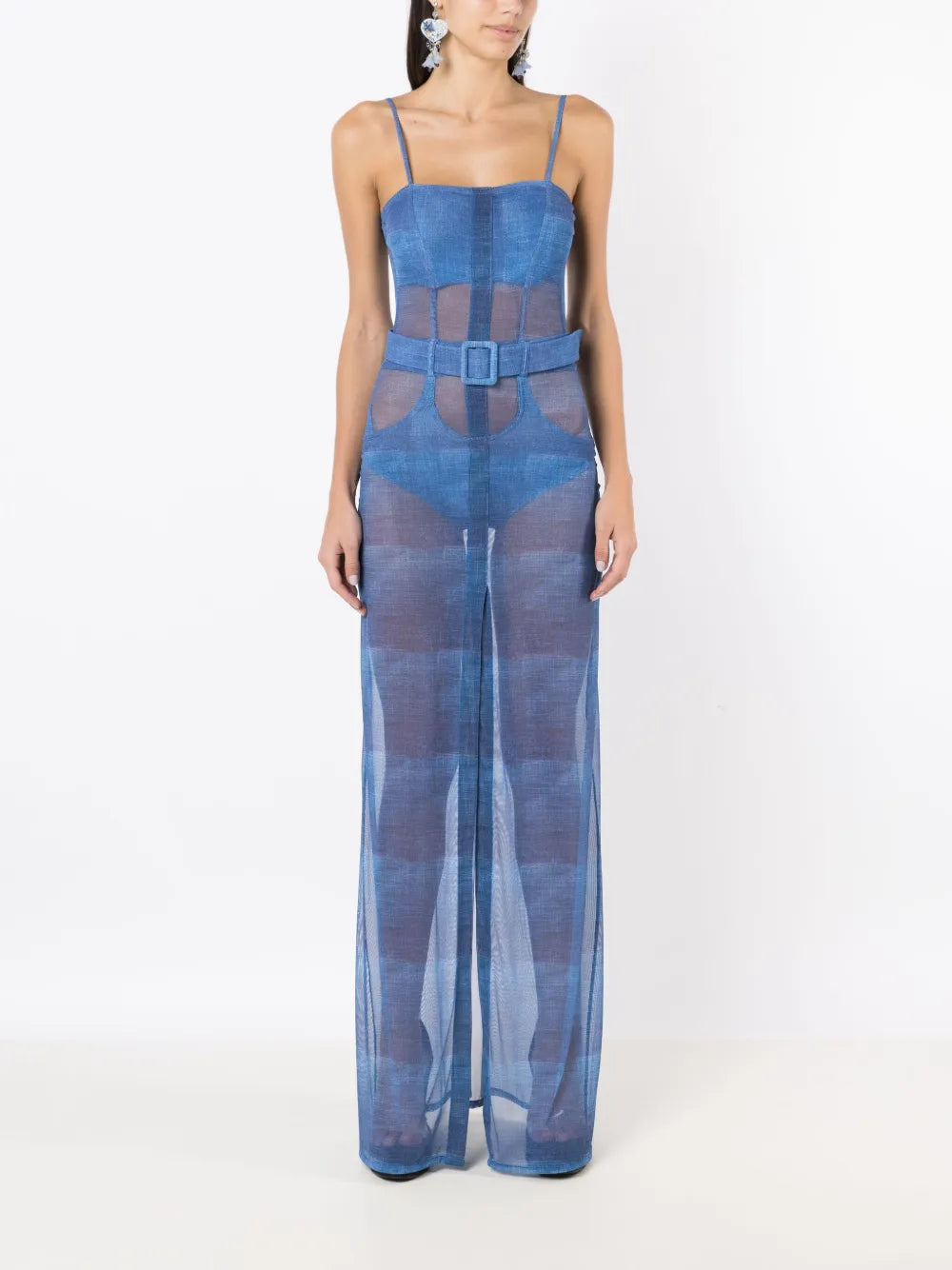 Sheer-Finish Belted-Waist Maxi Dress