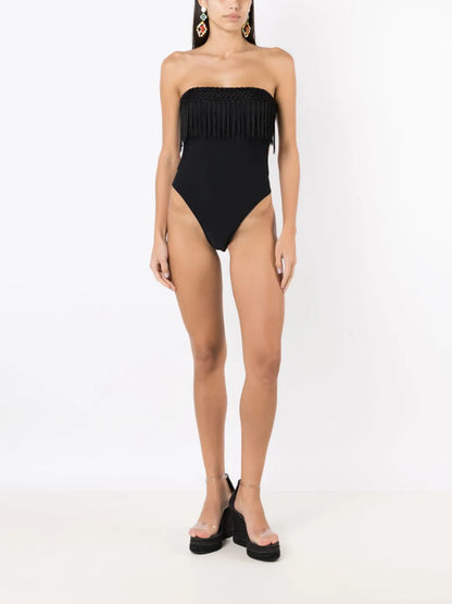 Macramé-Fringe Strapless Swimsuit