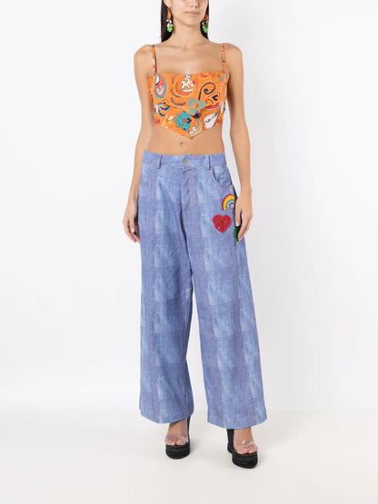 Graphic-Print Silk Crop Top