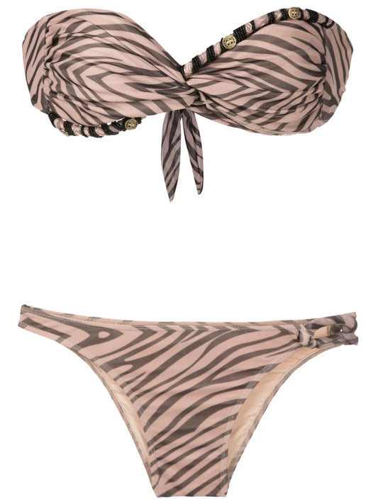Beaded Zebra-Pattern Bikini Set