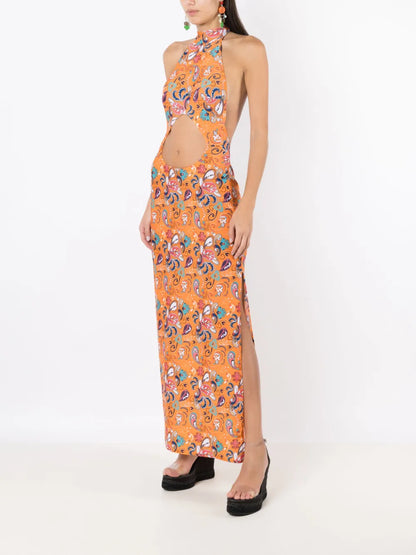Graphic-Print Halterneck Maxi Dress