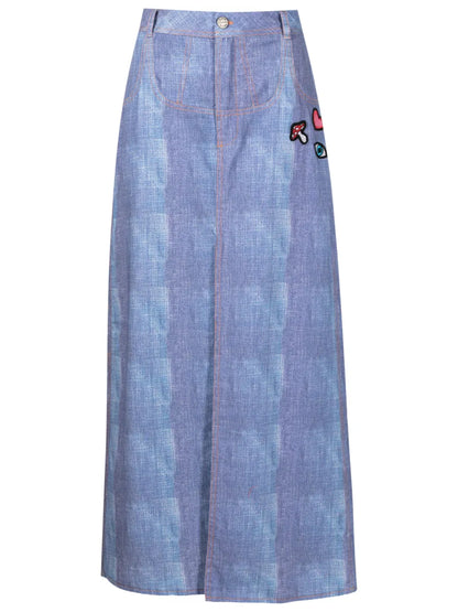 Patch-Detail Denim Midi Skirt